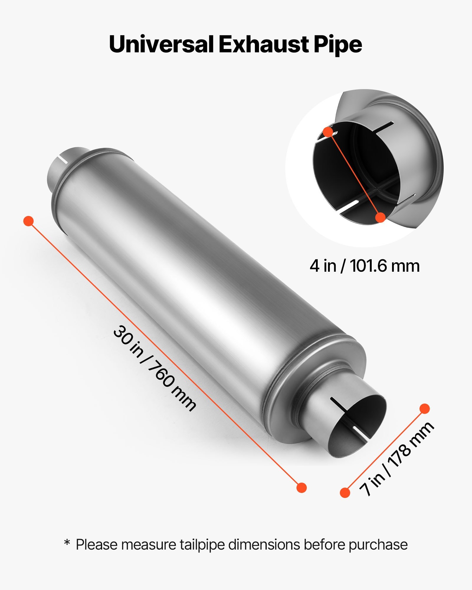 Exhaust Muffler, 4 Inch Inlet & Outlet, 30 Inch Overall Length Stainless Steel Exhaust Tip, Universal Resonator Round Body, High Performance For Trucks, Sedans, Sports Cars, SUVs & Daily Drivers - Image 5
