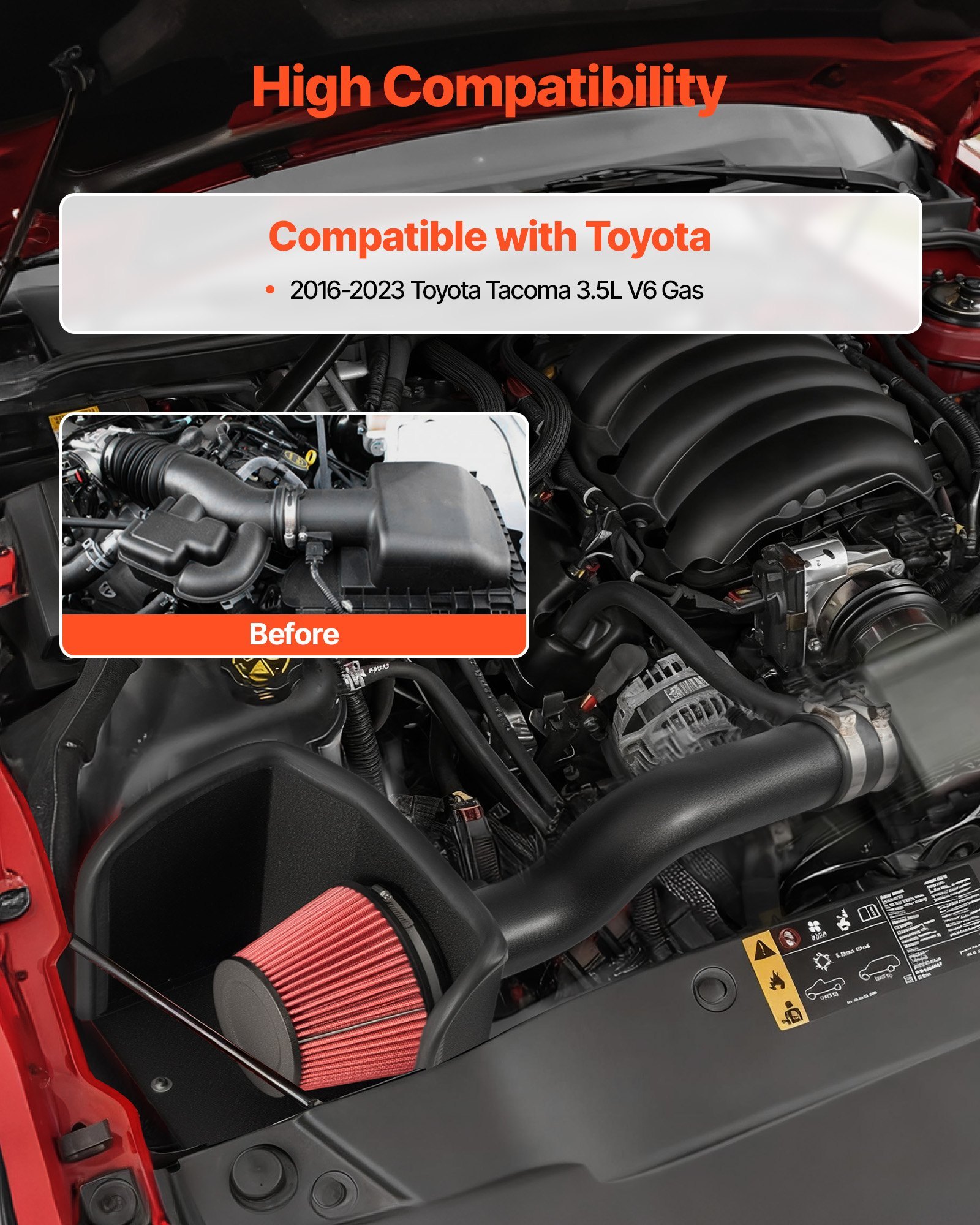 Cold Air Intake, 3.3 Inch Cold Air Intake System + Heat Shield Compatible With 2016-2023 Toyota Tacoma 3.5L V6 Gas, High Flow Filter Kit Improved Horsepower, Throttle Response, High Performance - Image 4