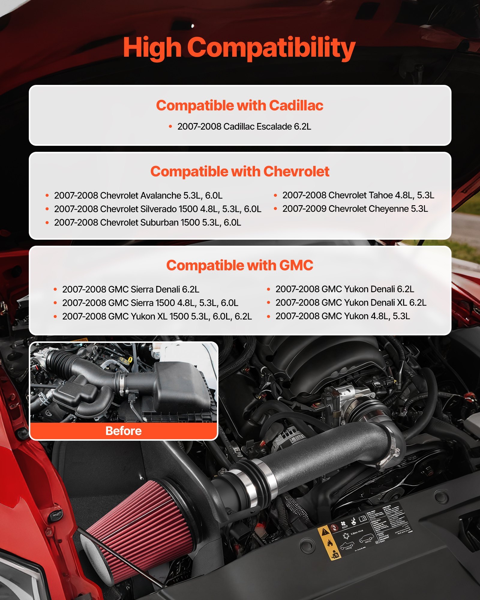 Cold Air Intake, 3.5 Inch Cold Air Intake System + Heat Shield Compatible With 2007-2008 Cadillac Escalade, Chevy Silverado/Suburban, GMC Sierra/Yukon, High Flow Filter Kit Improve Horsepower - Image 3