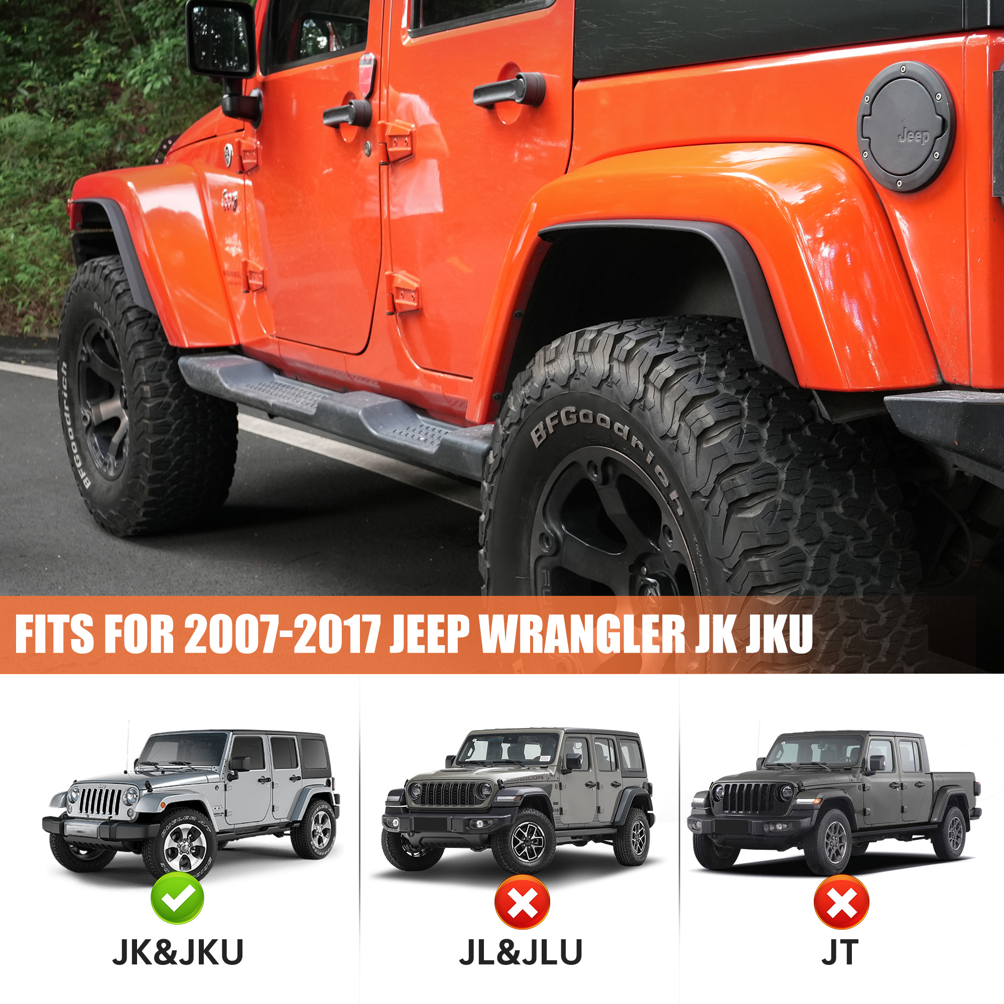 Front & Rear Fender Flares Compatible With 2007-2017 Wrangler JK JKU, Off-Road Wheel Flares Liner 4 PCS - Image 5