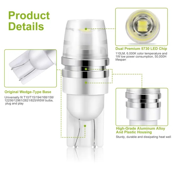 10PCS T10 LED Bulbs 194 LED Lights 12V 1W 5730 Xenon White Wedge Base LED Replacement Bulbs For License Plate Parking Position Interior Lights - Image 3